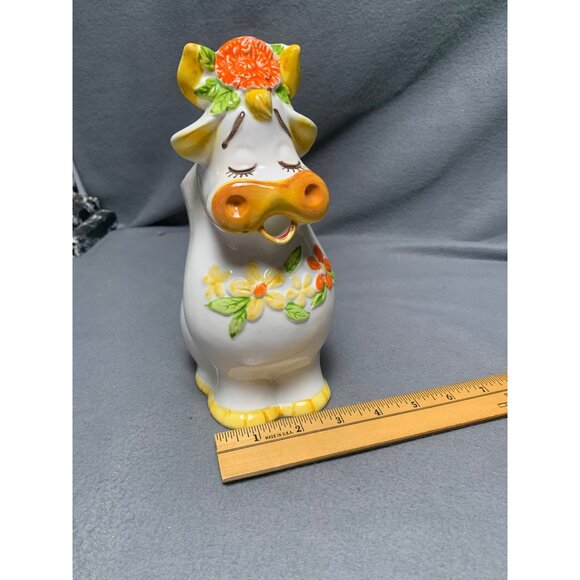 Vintage Bossie Cow-Shaped Ceramic Pitcher with Floral Accents & Handle Lefton - Picture 11 of 14